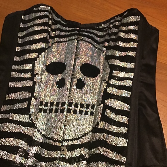 Corset steel-boned sequin skull on satin - Picture 1 of 3